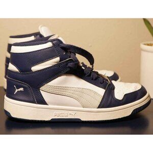 Puma Rebound Layup sneakers in white and navy blue synthetic leather size 7.5